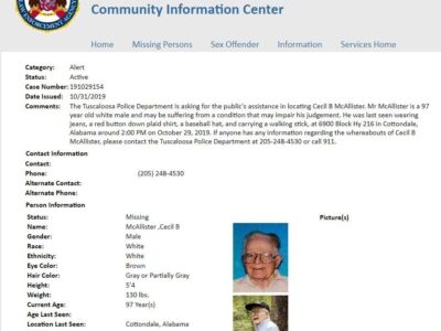 ALEA Issues Missing Senior Alert for 97-Year-Old Tuscaloosa Man