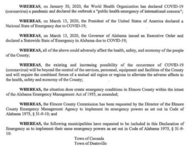 Elmore County Commission, Municipalities Execute Local Declaration of Emergency Conditions in Response to COVID-19
