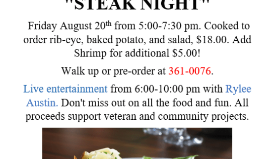 Friday is Steak Night at American Legion Post 122 of Prattville; Music from Rylee Austin