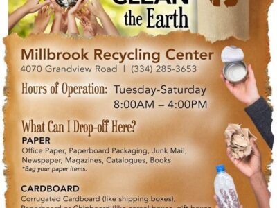 The Millbrook Recycling Center is on Grandview Road; Hours are 8 a.m. to 4 p.m. Tue-Sat