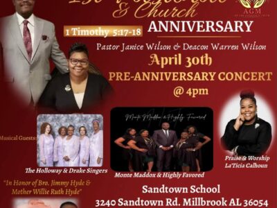 1st Pastoral, Church Anniversary is April 30th for Abundant Grace Ministries at Sandtown School in Millbrook
