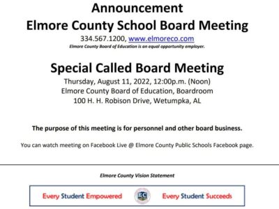 Special Called Board Meeting Announcement for Elmore County School Board Aug. 11 at Noon