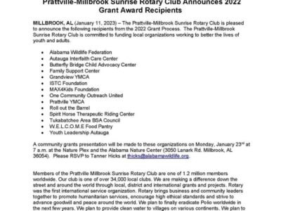 Prattville-Millbrook Sunrise Rotary Club Announces 2022 Grant Award Recipients