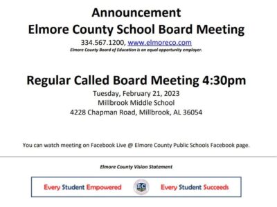 Elmore County School Board to hold Regular Meeting at Millbrook Middle School