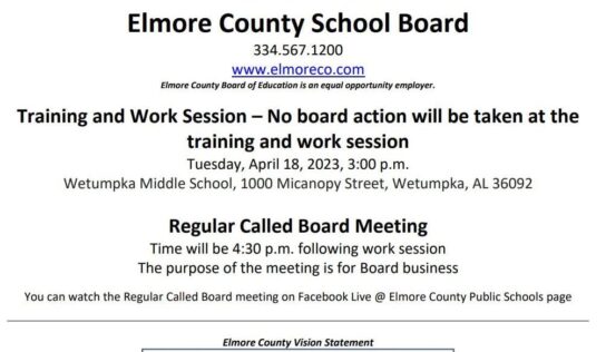 Elmore County School Board to meet Tuesday at Wetumpka Middle School