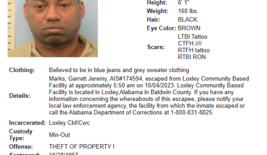 Inmate Escapes from Loxley facility in Baldwin County
