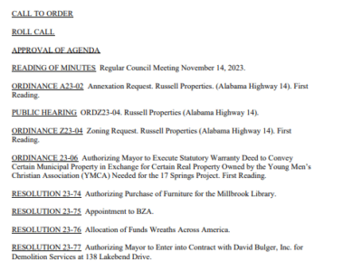 Millbrook Council Agenda for Tonight’s Meeting