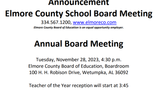 Elmore County Schools: Teacher of the Year reception, Annual Board Meeting is Nov. 28
