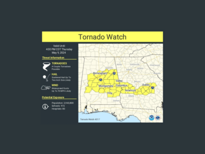 Tornado watch issued for central Alabama until 4 p.m. CDT