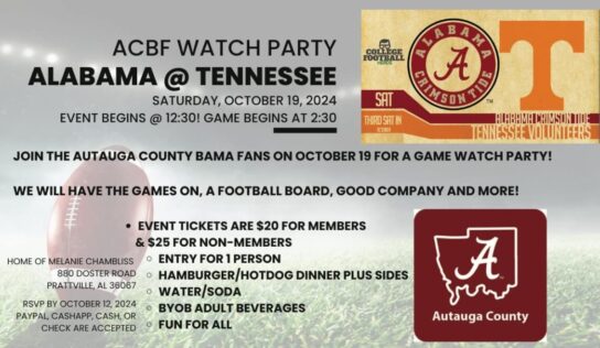 Autauga County Bama Fans to Host Watch Party for Alabama vs. Tennessee Game