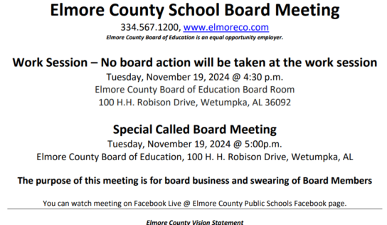 Elmore County School Board to hold work session, meeting Nov. 19