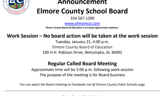 Elmore School Board to hold work session, regular meeting Jan. 21