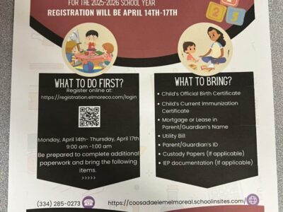 Kindergarten registration for Coosada Elementary is April 14-17
