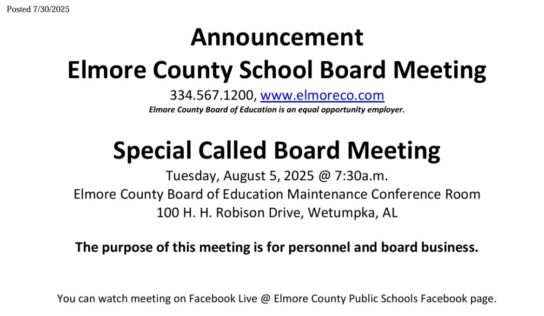 The Elmore County School Board to hold special called meeting August 5